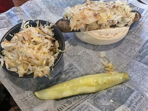 Vegan brat with sauerkraut+   at Ye Olde Trail Tavern in Yellow Springs