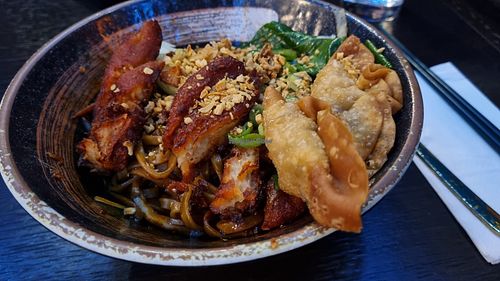 Gan Lau Mee (Dried Noodle with mock roasted meat and gyoza at Soul Vegan in Edinburgh