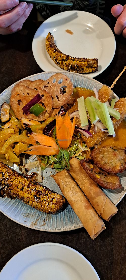 Sharing mixed starter plate at Soul Vegan in Edinburgh