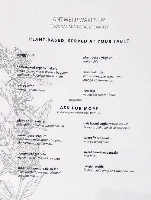 Breakfast menu (all vegan) at Sapphire House Antwerp in Antwerpen