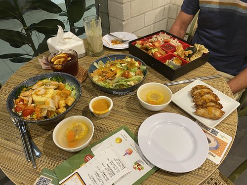 Avocado salad, Japanese golden dumplings, sweet & sour abalone mushroom bento, Japanese sesame power bowl, orangey roselle fruit tea, avocado trio soy milk .  at Idealite - Elit Avenue in Penang