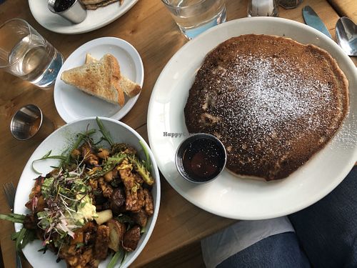 Spiced Pancake and vegetable hash with toast at Over Easy Cafe in Asheville