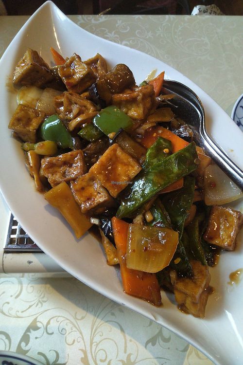 Delicious piping hot tofu, beans, eggplants, chili ! at China Restaurant Panda in Linden