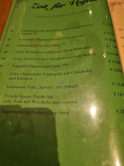 Vegane Karte at China Restaurant Panda in Linden