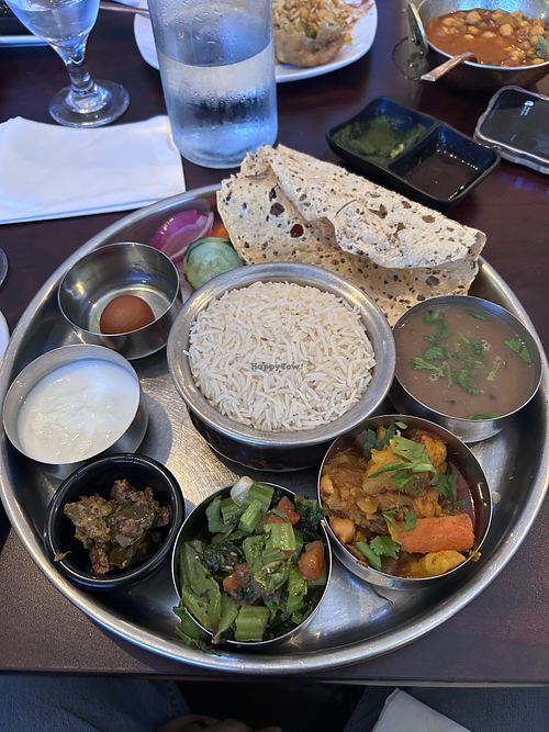 Vegetable thali. I sent back the yogurt and the ball since they have diary   at Sargam Restaurant & Bar in Reynoldsburg