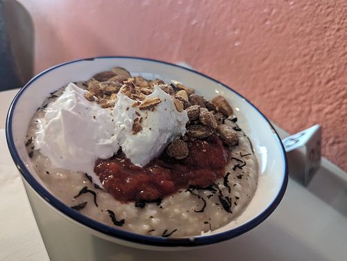 Rhubarb oat porridge at Adjo in Dunedin