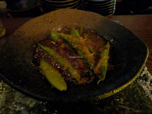 3 - Garlic Sugar Snap Peas - 
Sugar Snap Peas, Coconut Bacon, Sweet and Spicy Garlic Sauce 
 at Omakaseed in New York City