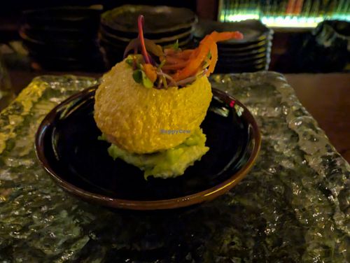 2 - Edamame Pani Puri - 
Edamame Truffle Puree, Charred Cucumber Salad, Microgreens, Pickled Watermelon Radish, Yuzu Kosho Vinaigrette
 at Omakaseed in New York City