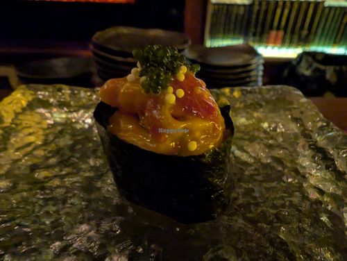 8 - Spicy Watermelon Tartar - 
Dehydrated Watermelon, Spicy Mayo, Scallions, Masago Arare, Omibodo
 at Omakaseed in New York City