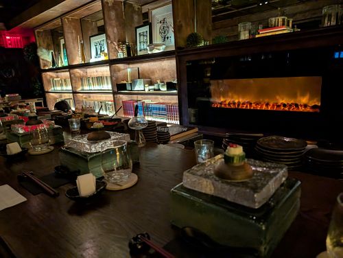 Counter, with initial dish and showing prep counter at Omakaseed in New York City