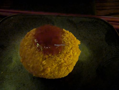 15 - Kuri Kinton Croquette - 
Japanese Sweet Potato, Kuri No Kanroni, Black Plum Sauce
 at Omakaseed in New York City