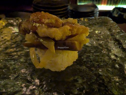 12 - Tomayoba & Leek - 
Pickled Burdock Root, Caramelized Leek, Crispy Oyster Mushroom, Miso Butterscotch
 at Omakaseed in New York City