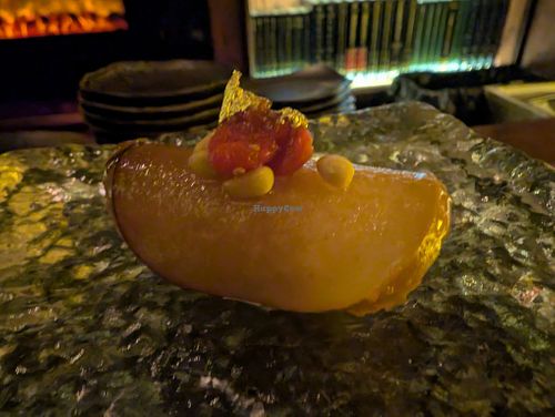 14 - Baesuk - 
Poached Asian Pear, Ginger, Goji Berry, Toasted Pine Nut, Scallions, Mellody™ Spicy Honey 
 at Omakaseed in New York City