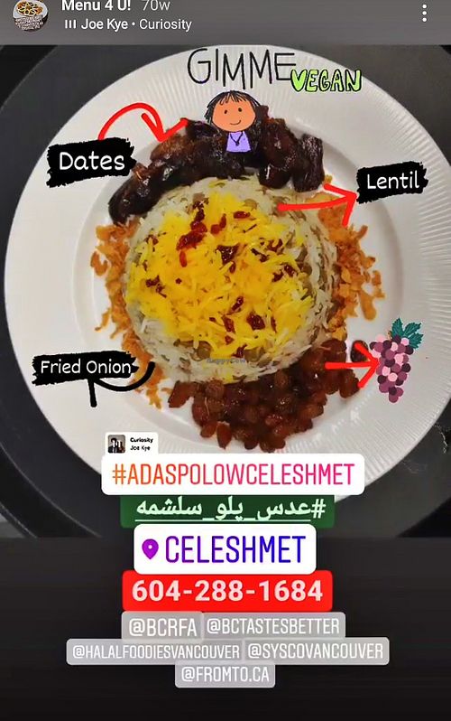 Ada's polo ( lentil rice with date and raisin) at Celeshmet in Vancouver