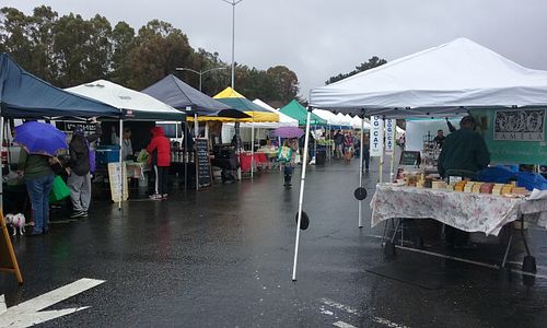 On a rainy day. There are also some stands selling tofu, soaps, hummus, nuts and seeds etc.. at College of San Mateo Farmers' Market in San Mateo