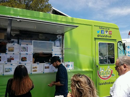 falafel food truck with many options at College of San Mateo Farmers' Market in San Mateo