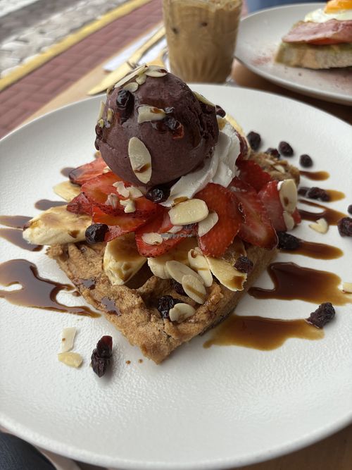 Waffle with açaí ice cream   at 1835 Coffee Lab in Puerto Ayora