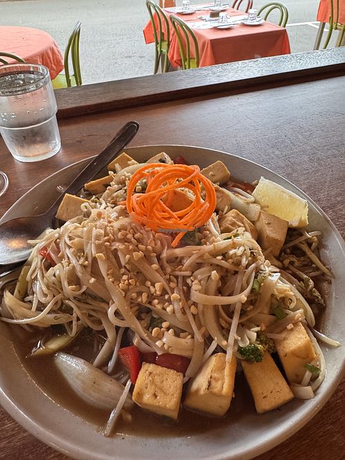 Vegan Pad Thai, you can definitely share this plate, or take extra home for left overs! Very decent size- delicious.   at Cafe de Orient in Palmwoods