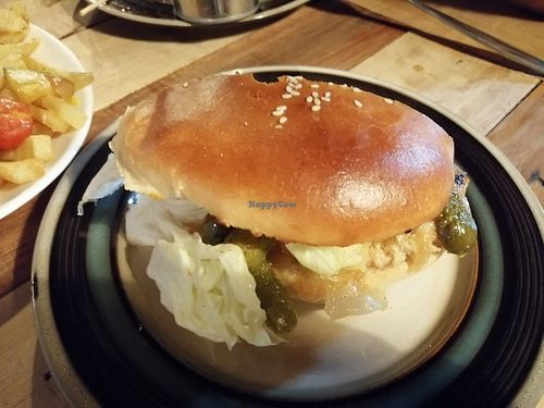 Vegan burger (we had cut it in half but it comes whole) at Puesto Pioneros in Chile Chico