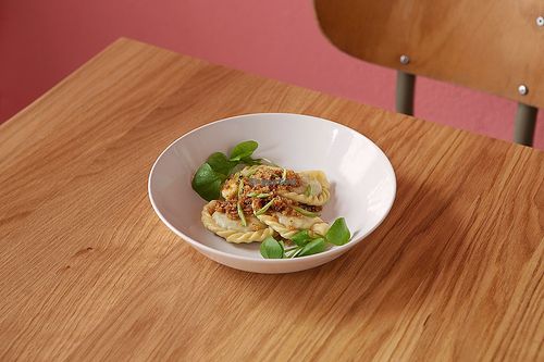 Pasta from our five course dinner event: austrian Kasnudel pasta filled with hazelnut ricotta, potato, chives and mint at HAPPA Restaurant in Berlin