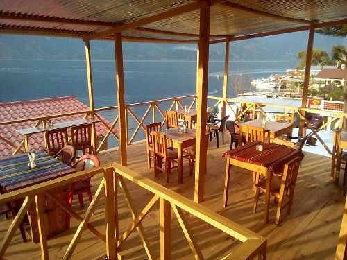 Golden light coming in on our upper terrace at Fifth Dimension Cafe in San Pedro La Laguna