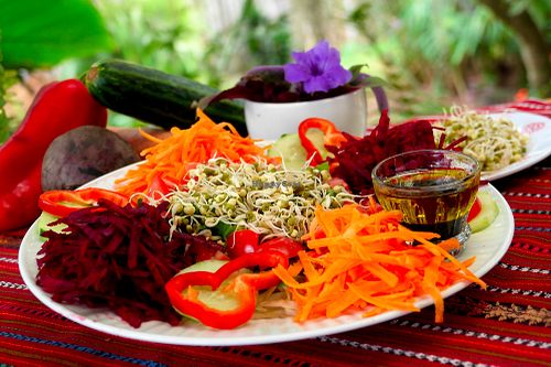 Our freshly made salads are bursting with crunchy goodness. Select your topping from either Tofu, Bean Sprouts, or our spicy Tandoori Tempeh.  at Fifth Dimension Cafe in San Pedro La Laguna