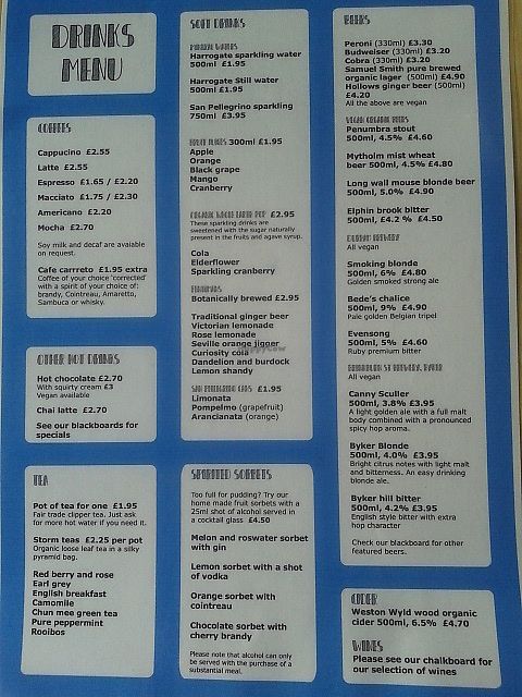 Drinks menu at Sky Apple Cafe in Newcastle Upon Tyne