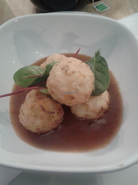Leek and thyme arancini with wild mushroom broth  at Sky Apple Cafe in Newcastle Upon Tyne