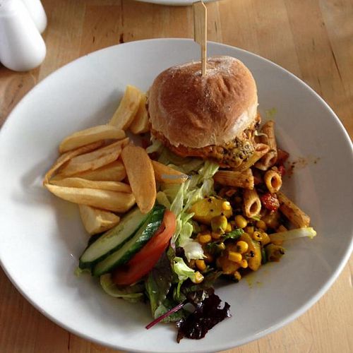 classic cheese burger with chips and salad at Sky Apple Cafe in Newcastle Upon Tyne