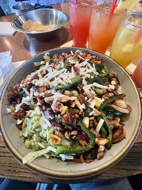 Yummy veggie bowl, but kind of oily at the bottom or greasy I’m not sure which but it was liquidy  at Plaza Azteca in Mechanicsburg