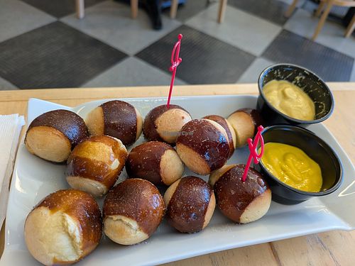 Pretzel bites (ordered vegan) at Well Played Board Game Café in Asheville