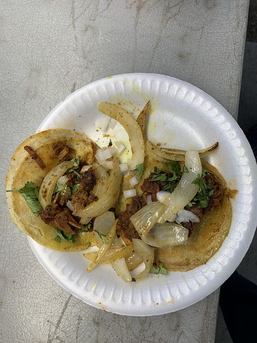 Jackfruit taco with grilled onions, chopped onions, and cilantro   at hippiestacos in Long Beach