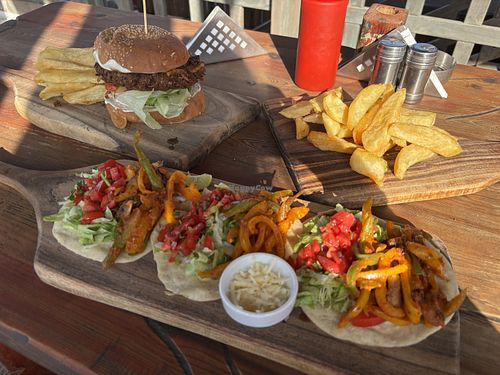 Vegan burger with fries and vegan tacos   at Tota in Dahab