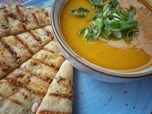 Seasonal Soup (which was butternut and pear) w/ flatbread add-on   at Fresh on Crawford in Toronto