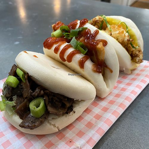Vegan Trio Bao (from left to right x1 Mushroom & Garlic, x1 BBQ Tofu, x1 Katsu Cauliflower Bao Buns)  at The Streat in Guernsey