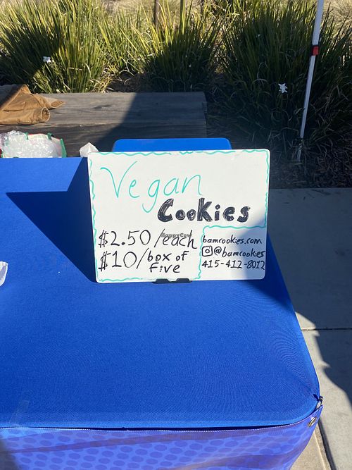 Vegan Cookie Signage w/Pricing and Socials  at BAM! Cookies & Bake Shop in Fremont