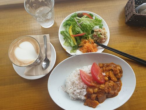 Lovely vegan pumpkin and chickpea curry and a soy latte. at Harvest Cafe in Hokkaido