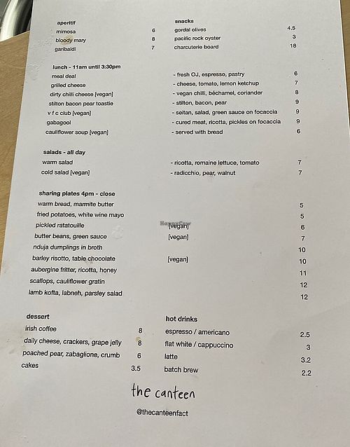 The menu (I spilt coffee on this )   at The Canteen at FACT  in Liverpool