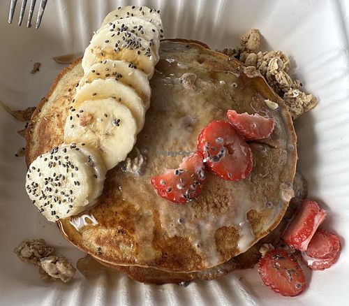 Yummy pancakes to go ( thicker, interesting texture).   at BDT Brunch Burgers & Beyond in Bocas Del Toro
