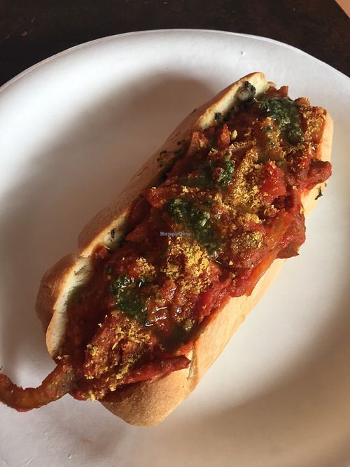 Italian sub with seitan, peppers, and onion in marinara. Ordered vegan (no cheese).  at Veg Out in Haiku