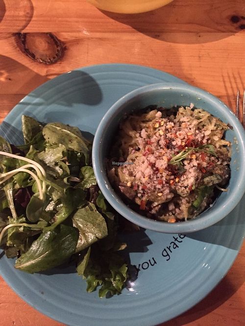 The Sensational - spaghetti squash alfredo bowl with side salad at Cafe Gratitude in Kansas City