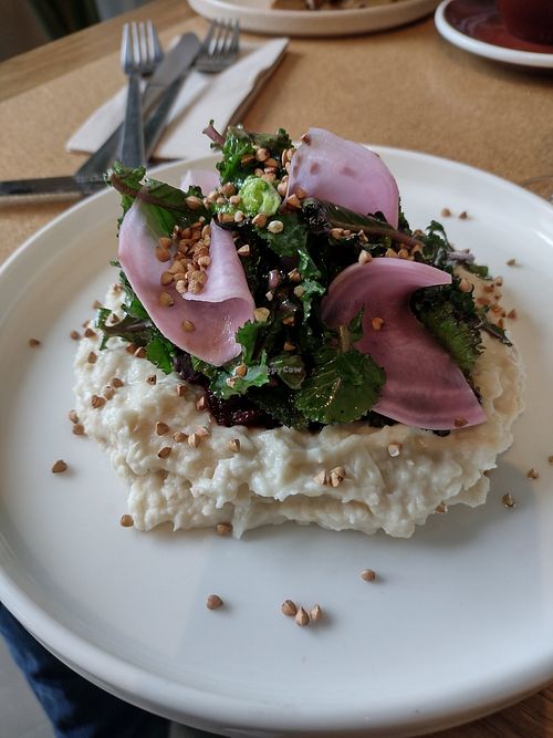 Daily special with pickled and fresh greens on a bean dip. at Wild Horses in Copenhagen
