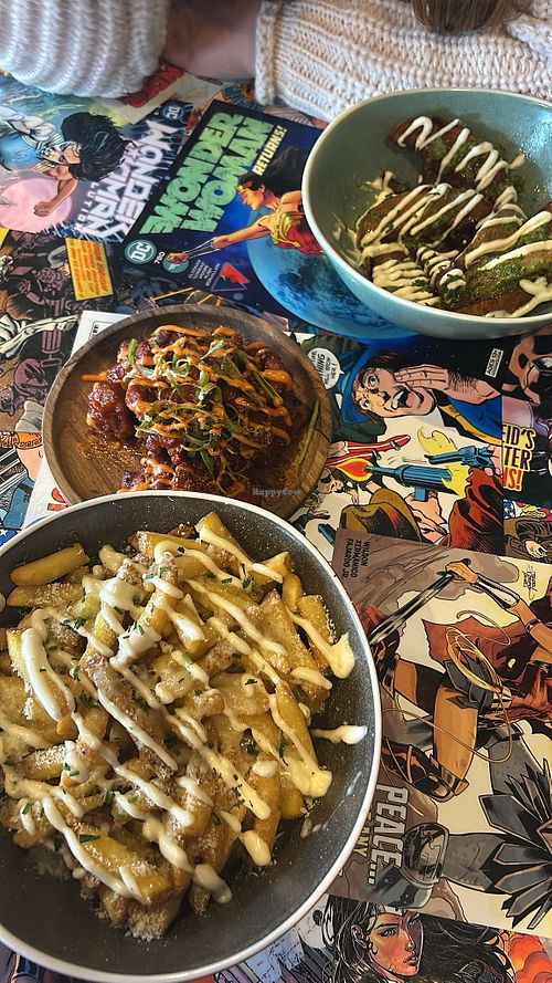 Cauliflower wings with Korean sauce baked potatoe fries with vegan sauces   at Street Dogs Street Kitchen in Portadown