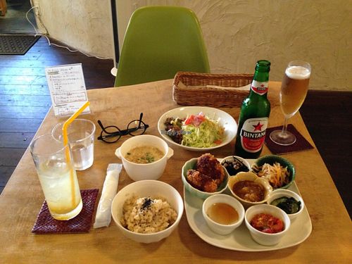 The Vegan platter with a Vegan beer and Yuzu soda. Deliciously filling.  at Morpho Cafe in Kyoto