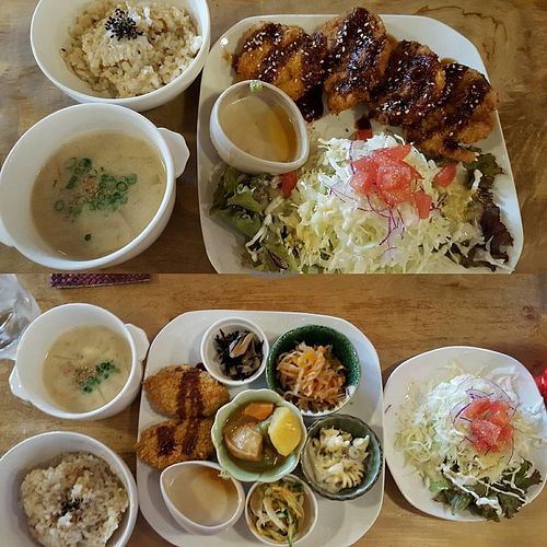 Cutlet set, and vegan set. at Morpho Cafe in Kyoto