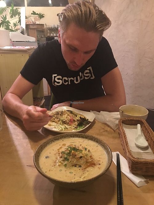 Green curry rice and creamy vegan ramen at Morpho Cafe in Kyoto