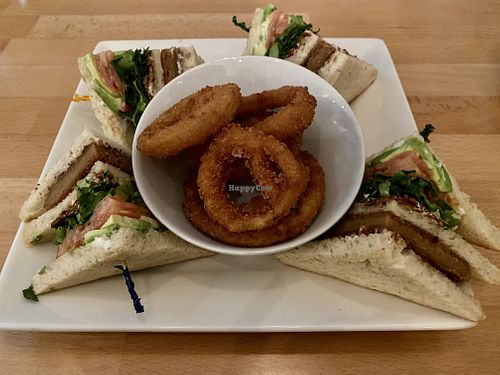 Club sandwich with onion rings  #Veganuary at Real Food Daily - Pasadena in Pasadena