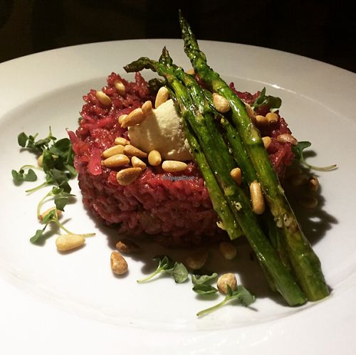 Red beet risotto  at Real Food Daily - Pasadena in Pasadena