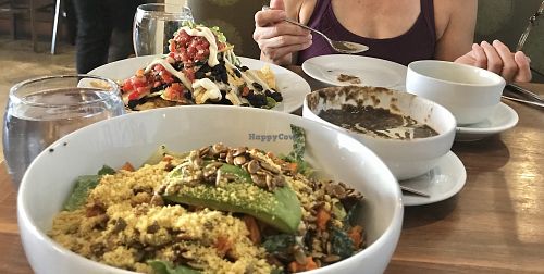 My favorite salad (the great Cardini), black bean soup on the right and far left are the nachos! at Real Food Daily - Pasadena in Pasadena