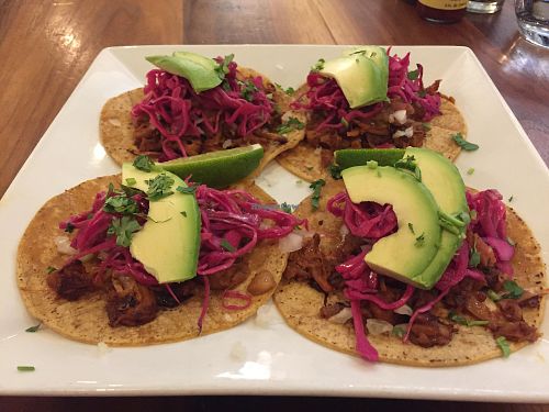 Jackfruit street tacos  at Real Food Daily - Pasadena in Pasadena